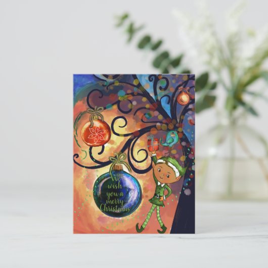 Whimsical Elf with Bird under a Tree Christmas  Briefkaart (Staand voorkant)