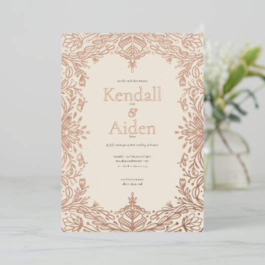 Whimsical en Elegant Roos Gold Foil Wedding Folie Uitnodiging (Staand Voorkant)