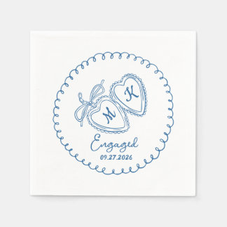 Whimsical Engaged Couple Blue Hearts Trendy Doodle Servet