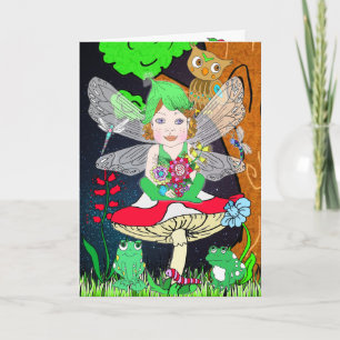 Whimsical Fairy Elf op Magic Mushroom Birthday Kaart