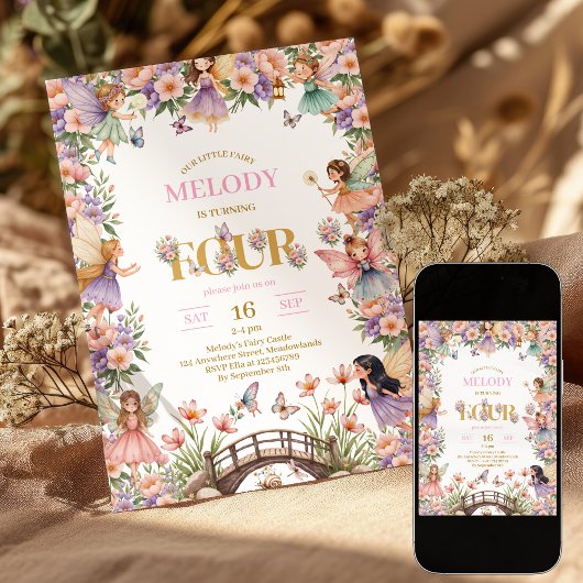 Whimsical Fairy flower 4th birthday Invitation Kaart