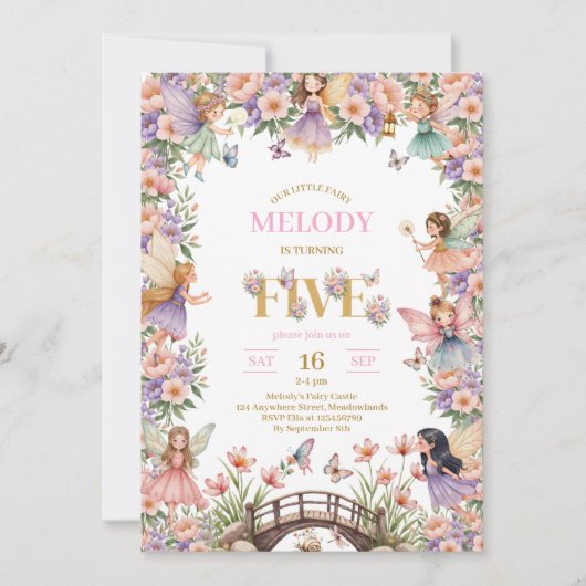 Whimsical Fairy flower 5th birthday Invitation (Devant)
