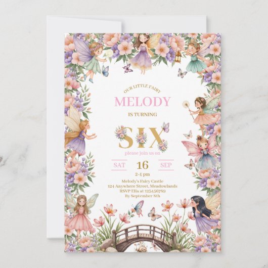 Whimsical Fairy flower 6th birthday Invitation (Devant)