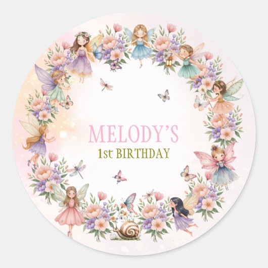 Whimsical fairy garden 1st birthday ronde sticker (Voorkant)