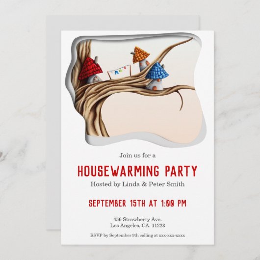 Whimsical Fairy Houses on a Tree Housewarming Invi Kaart (Voorkant / Achterkant)
