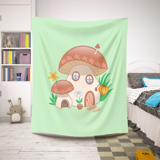 Whimsical Fairy Mushroom House Green Sherpa Deken