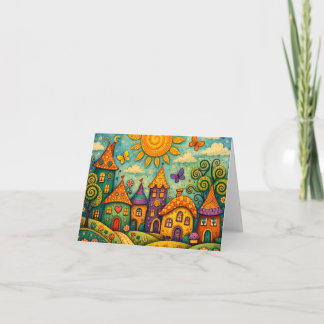 Whimsical Fairy Tale Village Colorful Canvas Art Bedankkaart