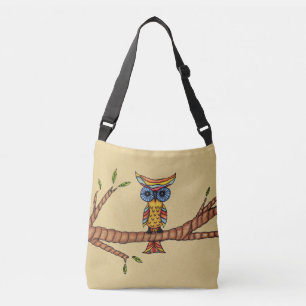 Whimsical Fantasy Kleurrijke Uil op Tree Branch Ta Crossbody Tas