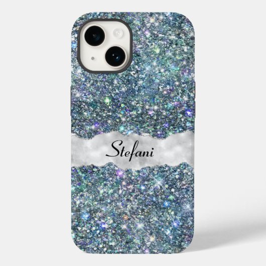 Whimsical Faux Blue en Silver Glitter Monogram Case-Mate iPhone Case (Achterkant)