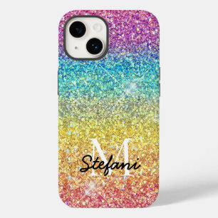 Whimsical Faux Ombre Regenboog Glitter Monogram Case-Mate iPhone 14 Hoesje