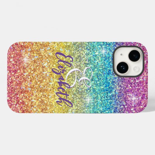 Whimsical Faux Ombre Regenboog Glitter Monogram Case-Mate iPhone Case (Achterkant (horizontaal))