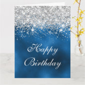 Whimsical Faux Royal Blauw Zilver Glitter Verjaard Kaart (Gele Bloem)