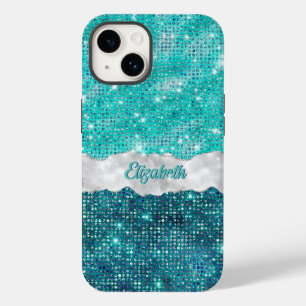 Whimsical Faux Turquoise Blauwgroen Glitter Monogr Case-Mate iPhone 14 Hoesje