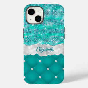 Whimsical Faux Turquoise Blauwgroen Glitter Monogr Case-Mate iPhone 14 Hoesje