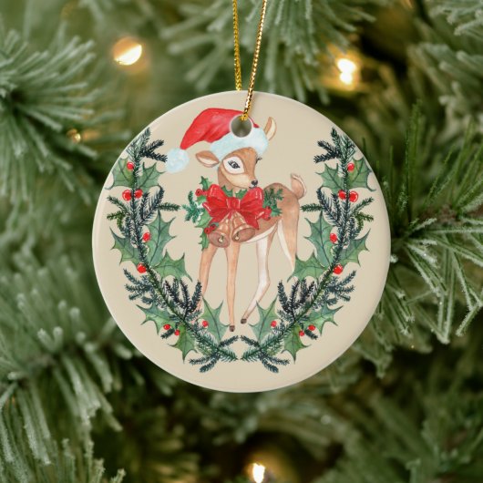 Whimsical Fawn Wreath Keramisch Ornament (Boom)