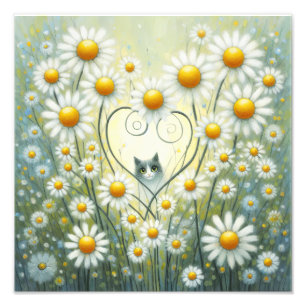 Whimsical Feline Onder de Daisies Foto Afdruk