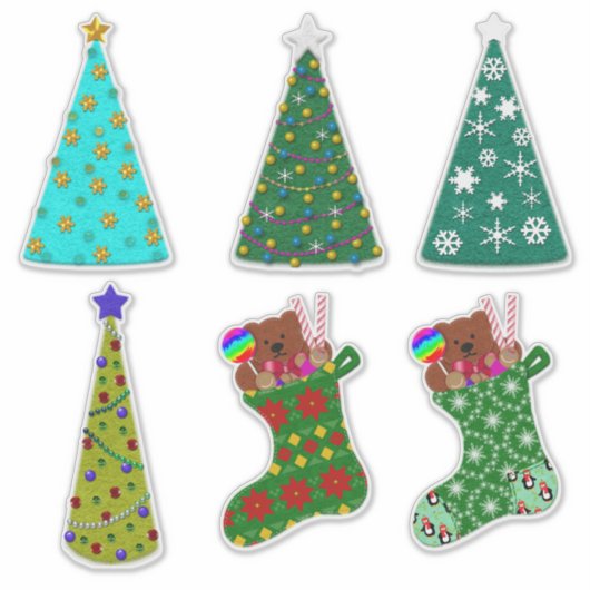 Whimsical Felt Look Christmas Trees & Stockings Sticker (Voorkant)