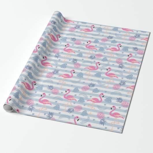 Whimsical Flamingo & Pineapple Pattern Cadeaupapier (Uitgerold)