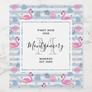 Whimsical Flamingo & Pineapple Pattern Making Wijn Etiket