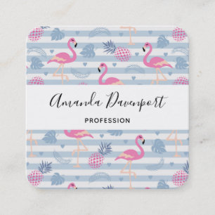 Whimsical Flamingo & Pineapple Pattern Vierkante Visitekaartje