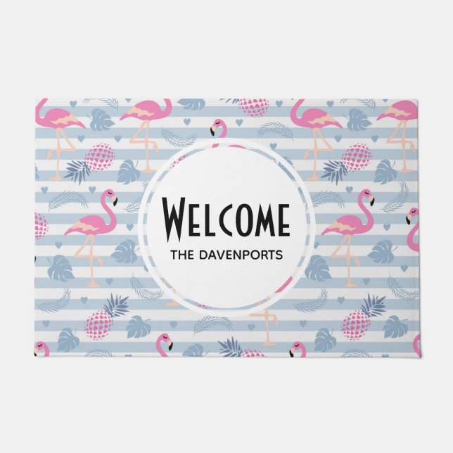 Whimsical Flamingo & Pineapple Pattern Welcome Deurmat (Voorkant)