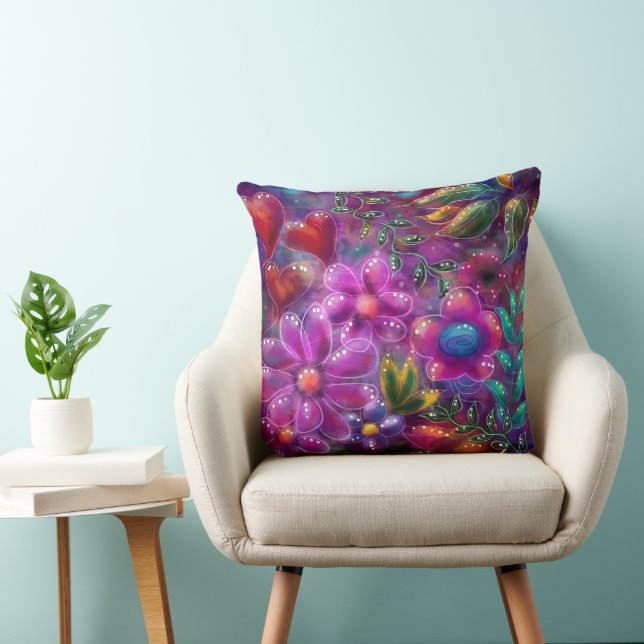 Whimsical Floral Abstracte Paarse roze bloemen Kussen (Stoel)