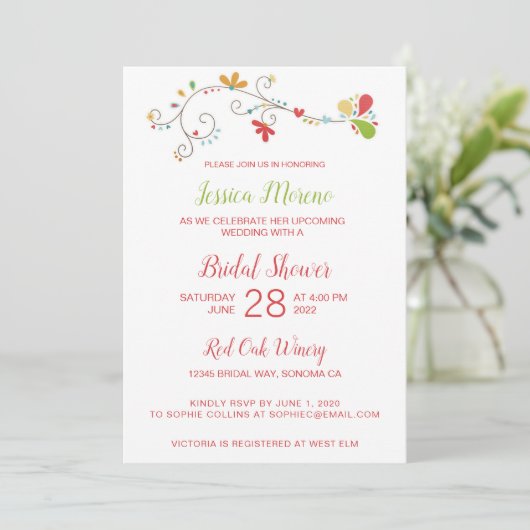 Whimsical Floral Bridal Shower Invitation Kaart (Staand voorkant)