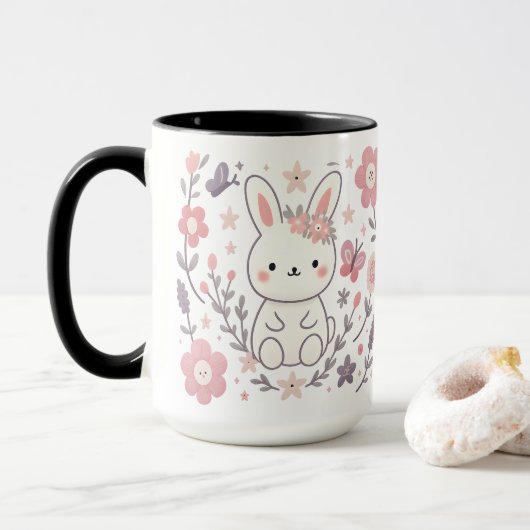 Whimsical Floral Bunny Ceramic Mug (Avec donut)