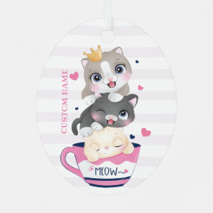 Whimsical Floral Cartoon Cats Strawberry Cupcake Metalen Ornament