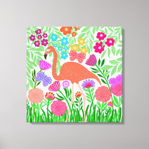 Whimsical Floral Coral Flamingo Art Canvas Afdruk