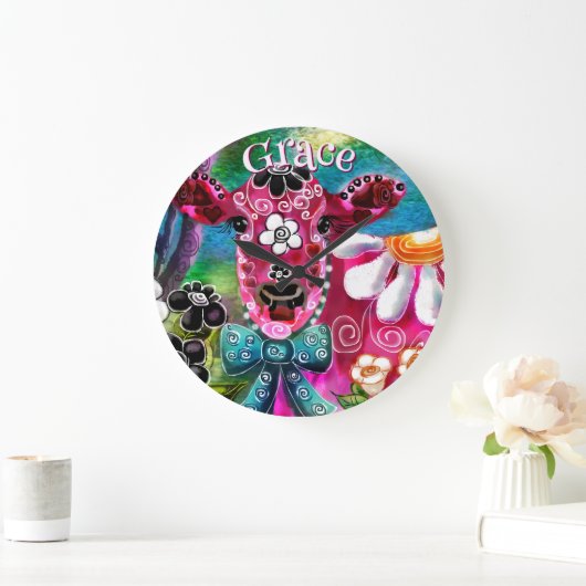 Whimsical Floral Cow Pink Teal Black Personalized Grote Klok (Huis)