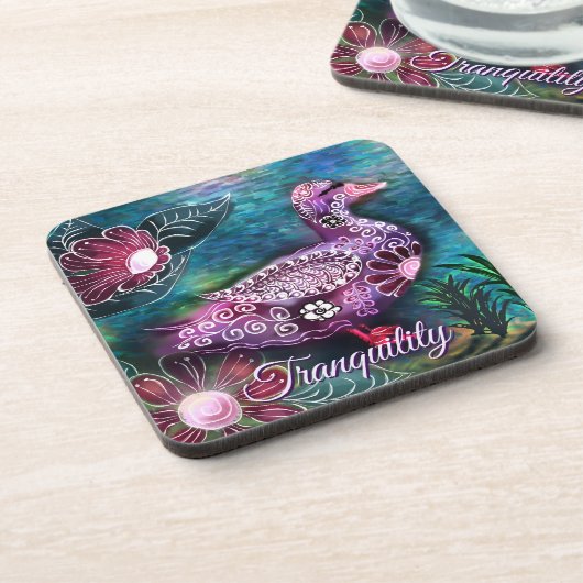 Whimsical Floral Duck Purple Teal Personalized Bier Onderzetter (Linkerzijde)