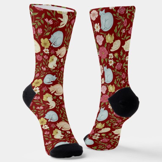 Whimsical Floral en Sleepy Cat Pattern Sokken (Gebogen)