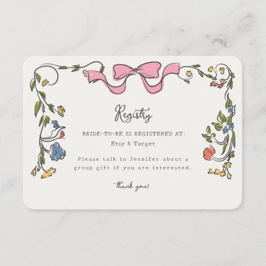 Whimsical Floral Frans register Invite Insert Informatiekaartje (Voorkant)