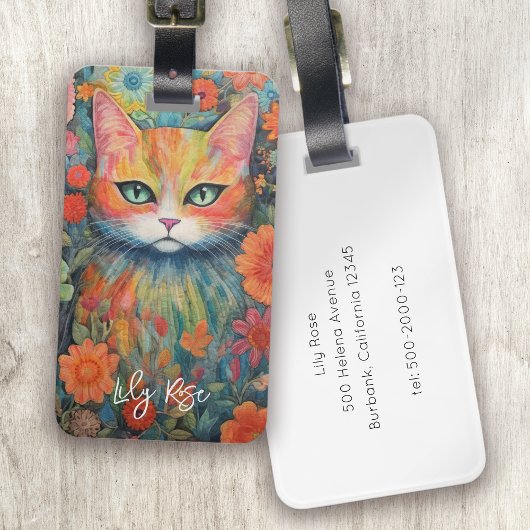 Whimsical Floral gewatteerde kat Monogram Bagagelabel