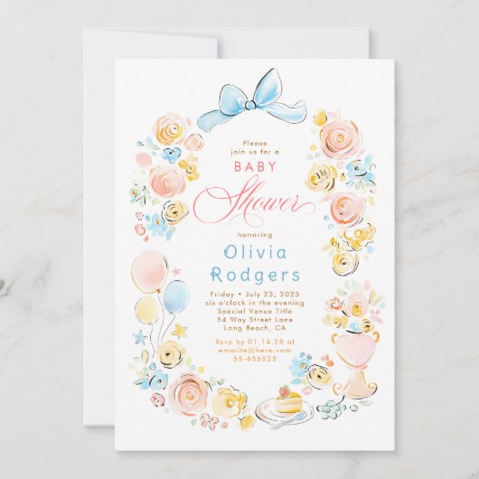 Whimsical Floral Hand Drawn Cute Bow Baby Shower Kaart (Voorkant)