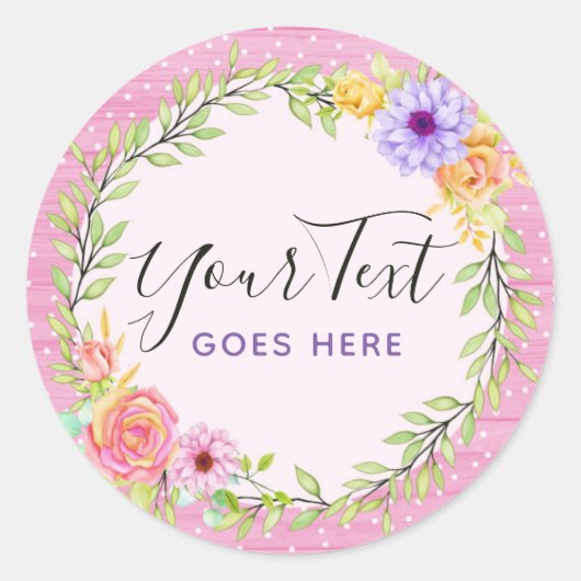Whimsical Floral krans & Rustiek Roze Hout Girly Ronde Sticker (Voorkant)