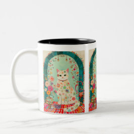 Whimsical Floral Meadow Cat Art Tweekleurige Koffiemok