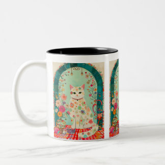 Whimsical Floral Meadow Cat Art Tweekleurige Koffiemok