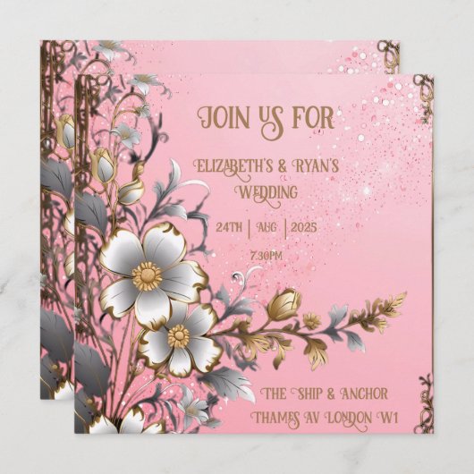 Whimsical Floral Pink Romance bruiloft uitnodiging (Voorkant / Achterkant)