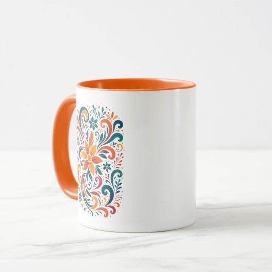 Whimsical Floral Swirl Mug - Orange Accent Handle (Devant gauche)