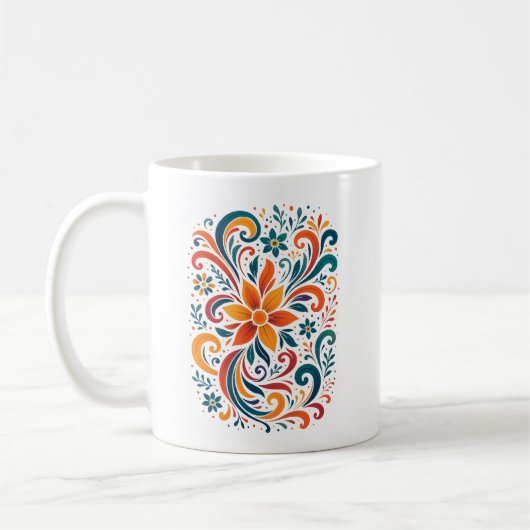 Whimsical Floral Swirl Mug - Orange Accent Handle (Gauche)