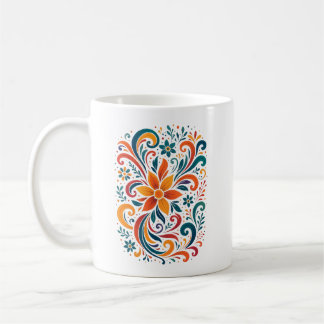 Whimsical Floral Swirl Mug - Orange Accent Handle Koffiemok