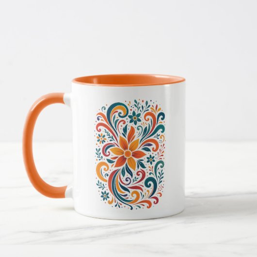 Whimsical Floral Swirl Mug - Orange  Accent Handle Mok (Links)