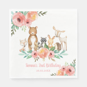 Whimsical Floral Woodland Animals 1ste verjaardag Servet
