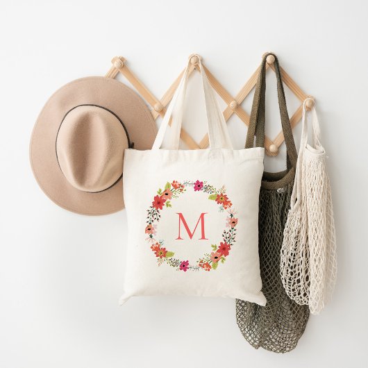 Whimsical Floral Wreath Monogram Tote Bag