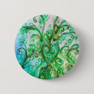 WHIMSICAL FLOURISHES Green Blue Floral Heart Ronde Button 5,7 Cm