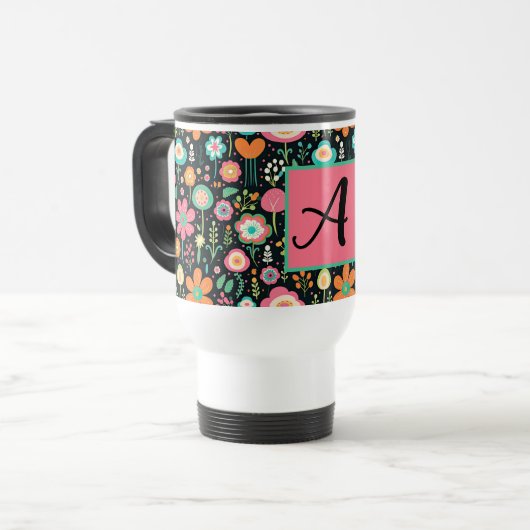Whimsical Flower Patch op zwarte Mok (Voorkant links)
