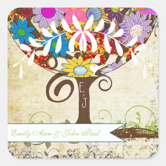 Whimsical Flower Tree Wedding Vierkante Sticker (Voorkant)