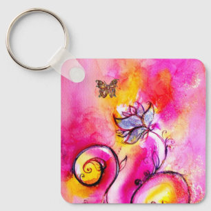 WHIMSICAL FLOWERS & BUTTERFLIES roze geel blauw Sleutelhanger
